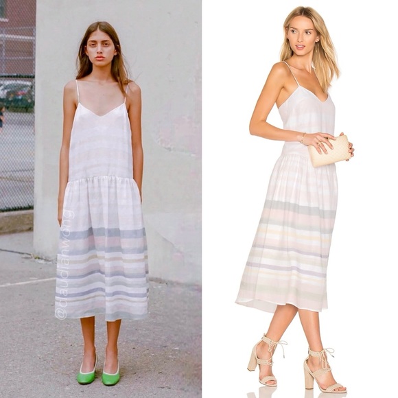 MARA HOFFMAN Drop Waist Linen Midi Slip Dress in Sage Multi White - Picture 1 of 8